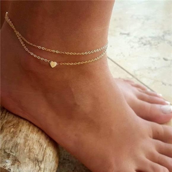 Heart Initial Anklet J for Women, 14K Gold Layered Dainty Beach Jewelry - Picture 1 of 3